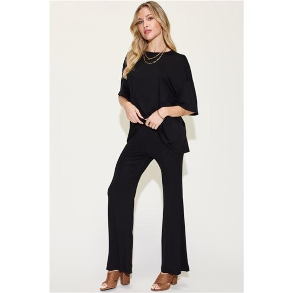 Basic Bae Full Size Bamboo Drop Shoulder T-Shirt and Flare Pants Set - Picture 1 of 16